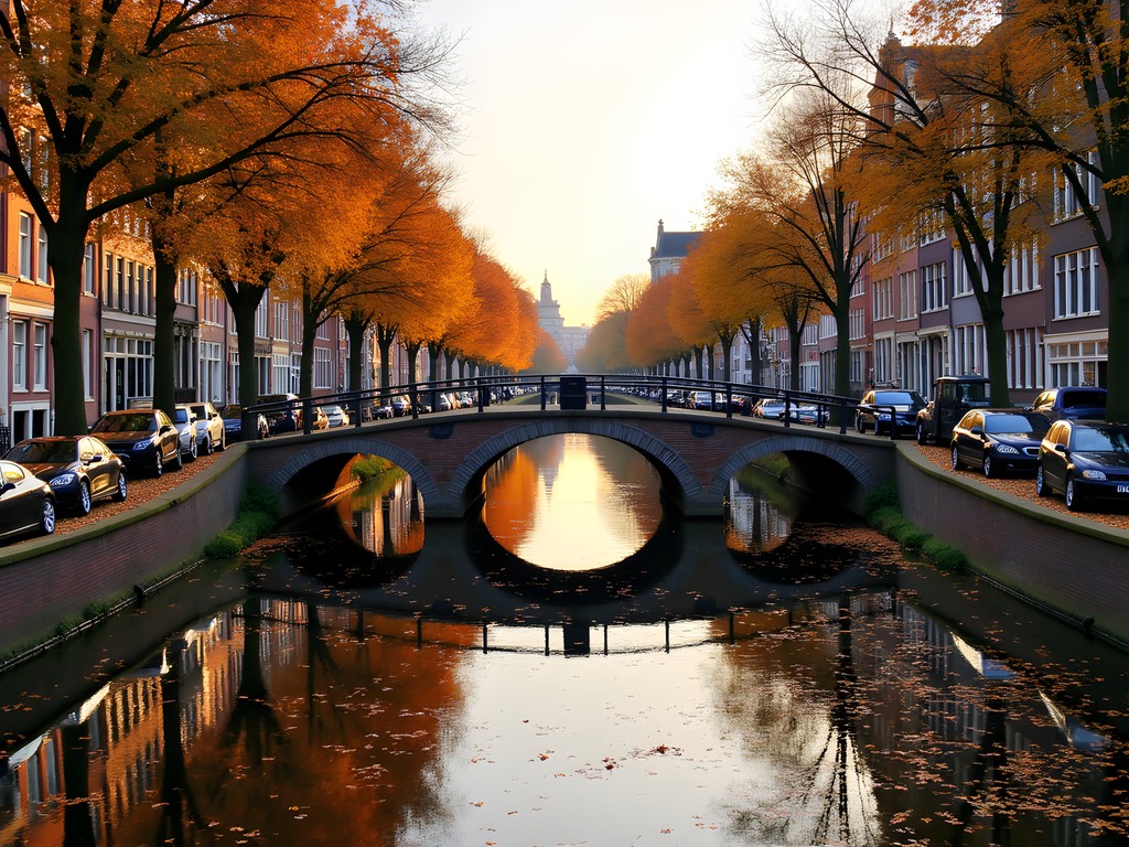 Seven Bridges view on Amsterdam's Reguliersgracht during golden hour in fall