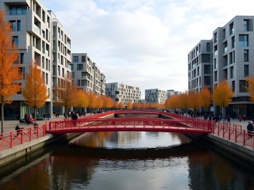 Modern architecture of Amsterdam's Eastern Docklands with distinctive bridges in fall colors