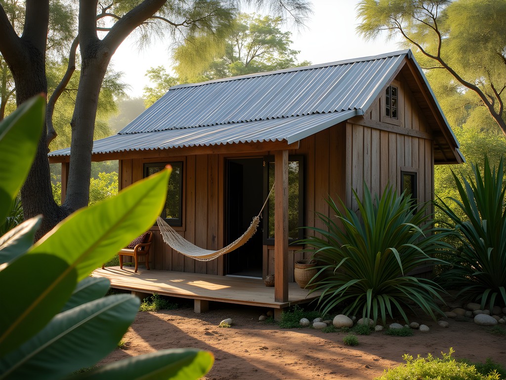 Simple wooden guesthouse in Andasibe village with tropical plants and hammock
