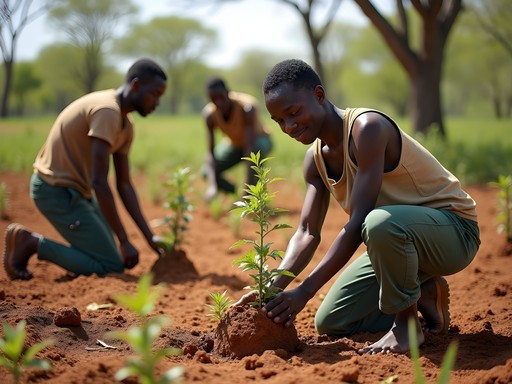 Community reforestation project in Andasibe with local workers planting native tree seedlings