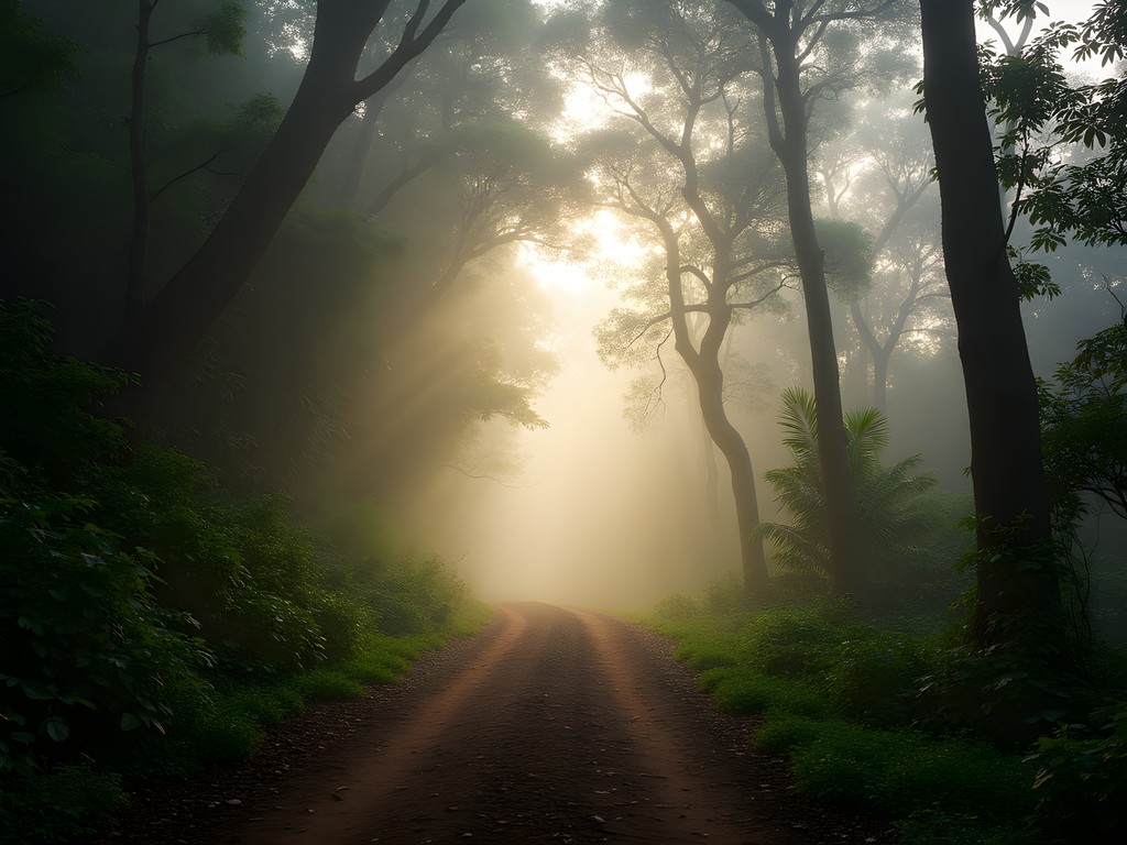 Traveler on a forest path in Andasibe with morning light filtering through trees