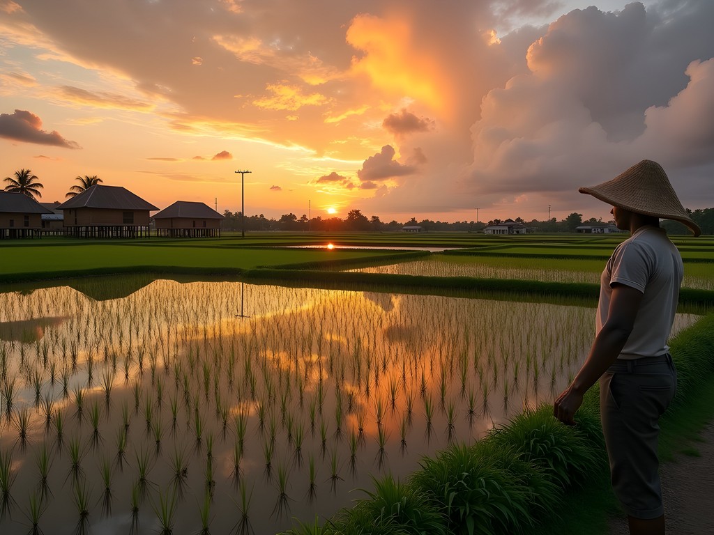 Golden rice paddies stretching to horizon at sunset in Anna Regina Guyana