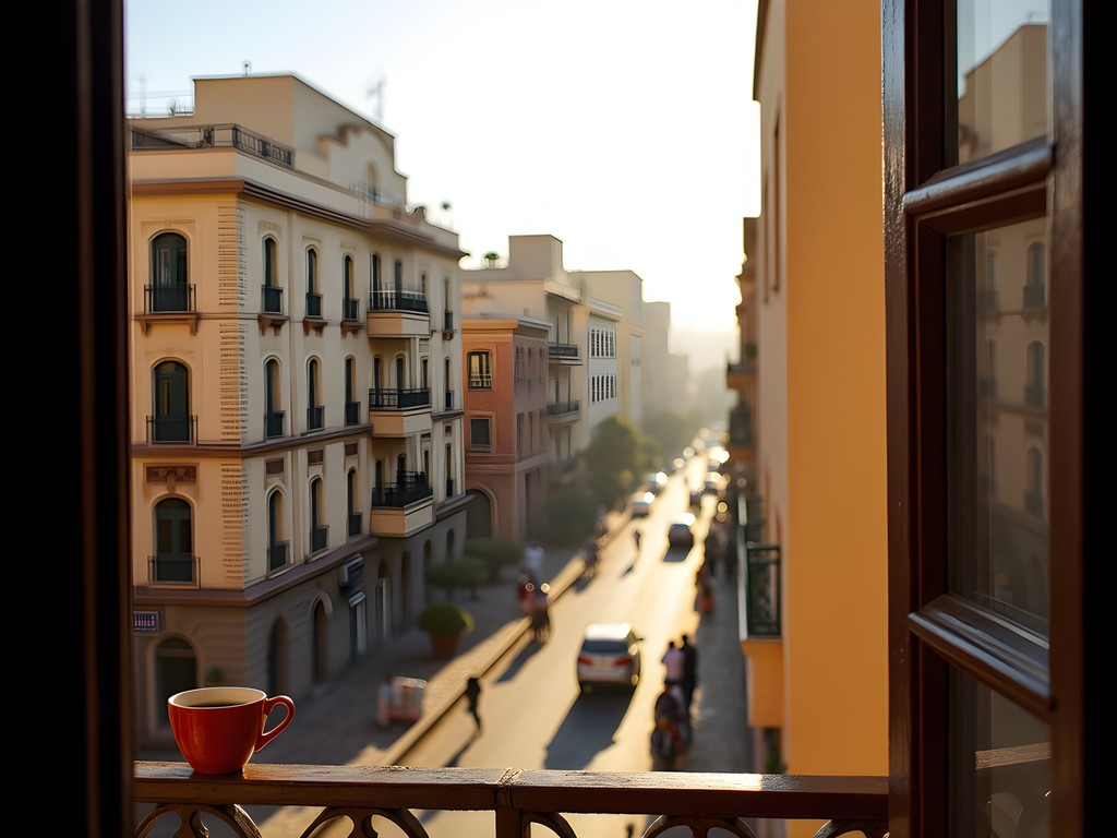 View from budget hotel balcony overlooking Asmara street scene