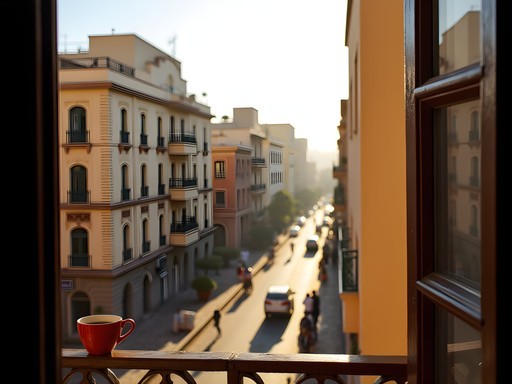 View from budget hotel balcony overlooking Asmara street scene