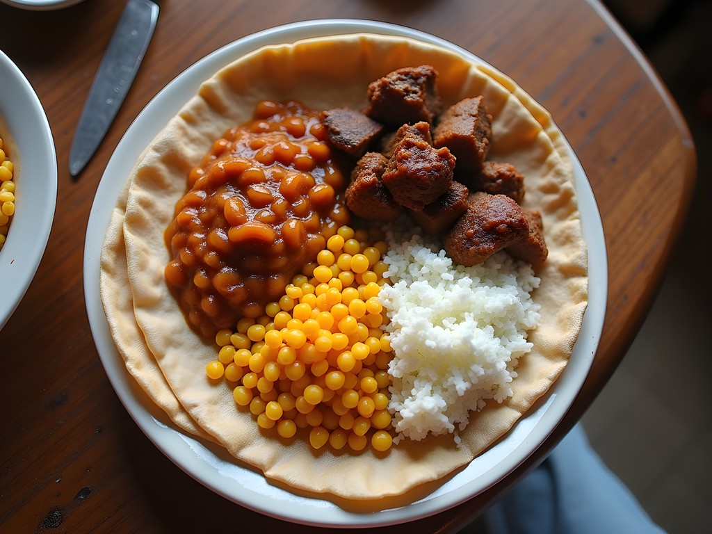 Traditional Eritrean meal with injera and various wat stews
