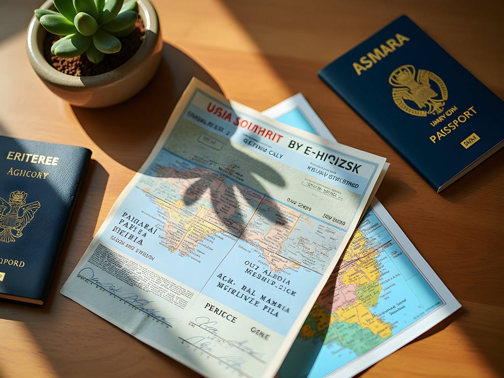 Travel documents and Eritrean visa on wooden table