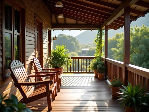 Simple wooden veranda of a local guesthouse in Auki with views of tropical vegetation