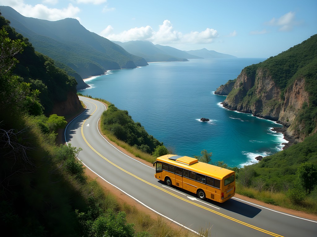 Winding coastal road between Dili and Baucau with yellow public bus and ocean views