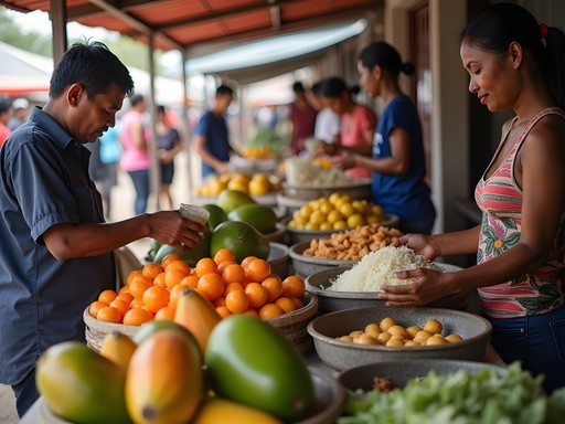 Vibrant local market in Baucau with food stalls selling fresh produce and prepared meals