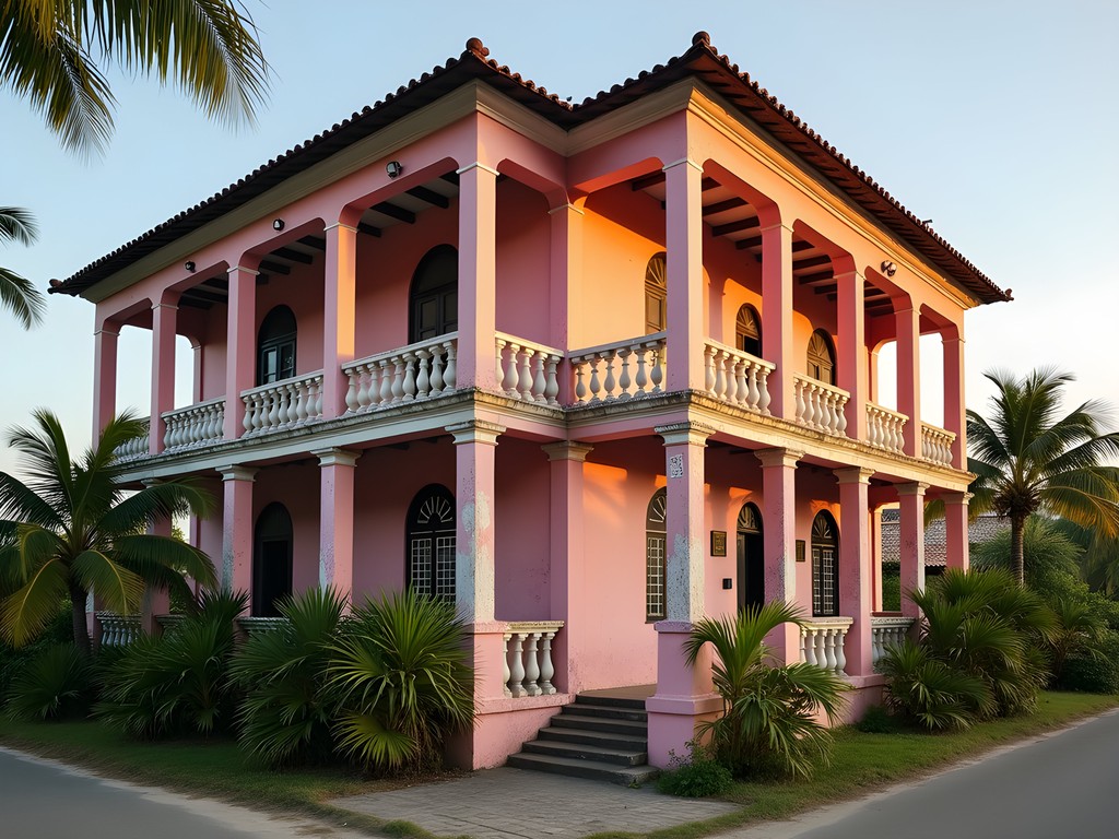 Pink-hued Portuguese colonial Pousada de Baucau hotel with tropical vegetation