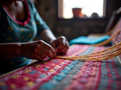 Local Timorese woman demonstrating traditional tais textile weaving techniques in Baucau
