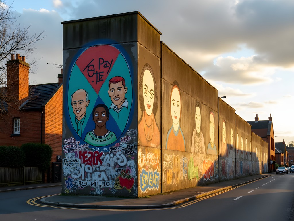 Colorful political murals on Belfast's Peace Wall with visitor viewing artwork