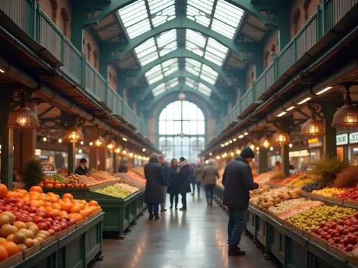 Bustling St. George's Market in Belfast with local food vendors and autumn produce