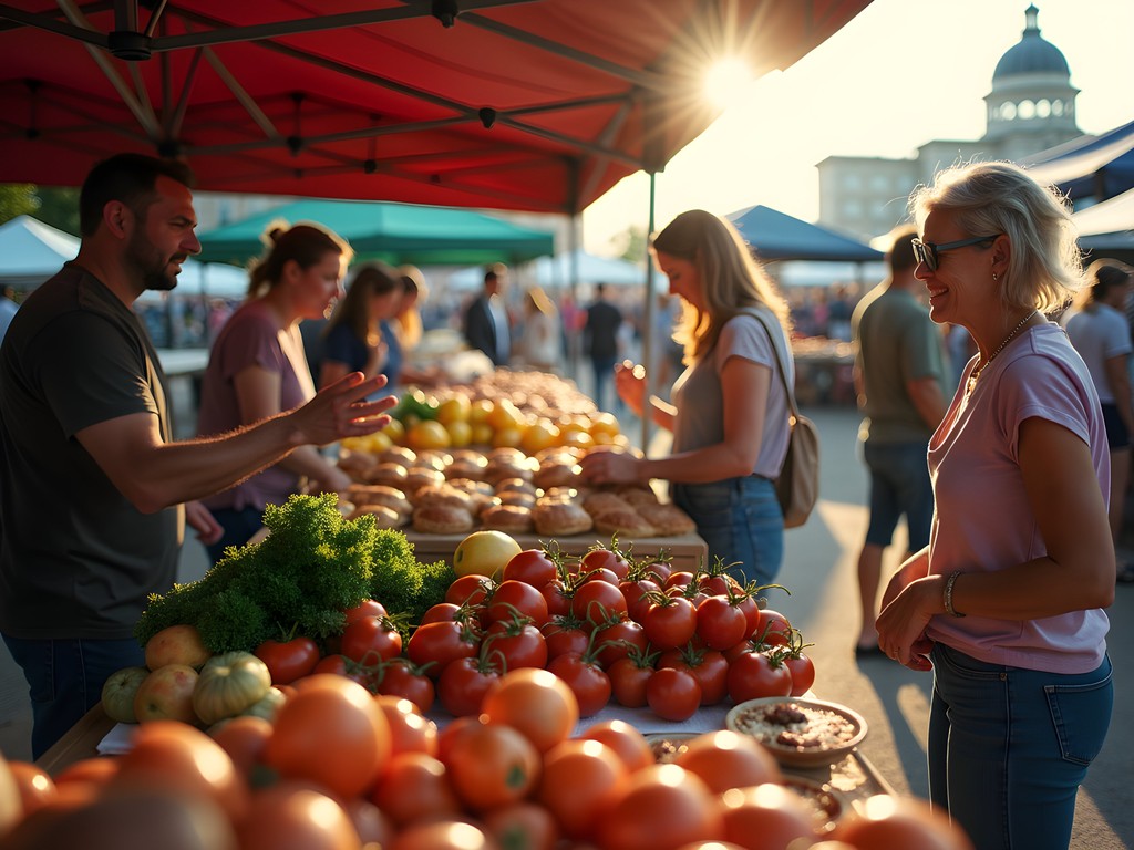 Vibrant morning scene at the Bismarck Farmers Market with local produce and baked goods