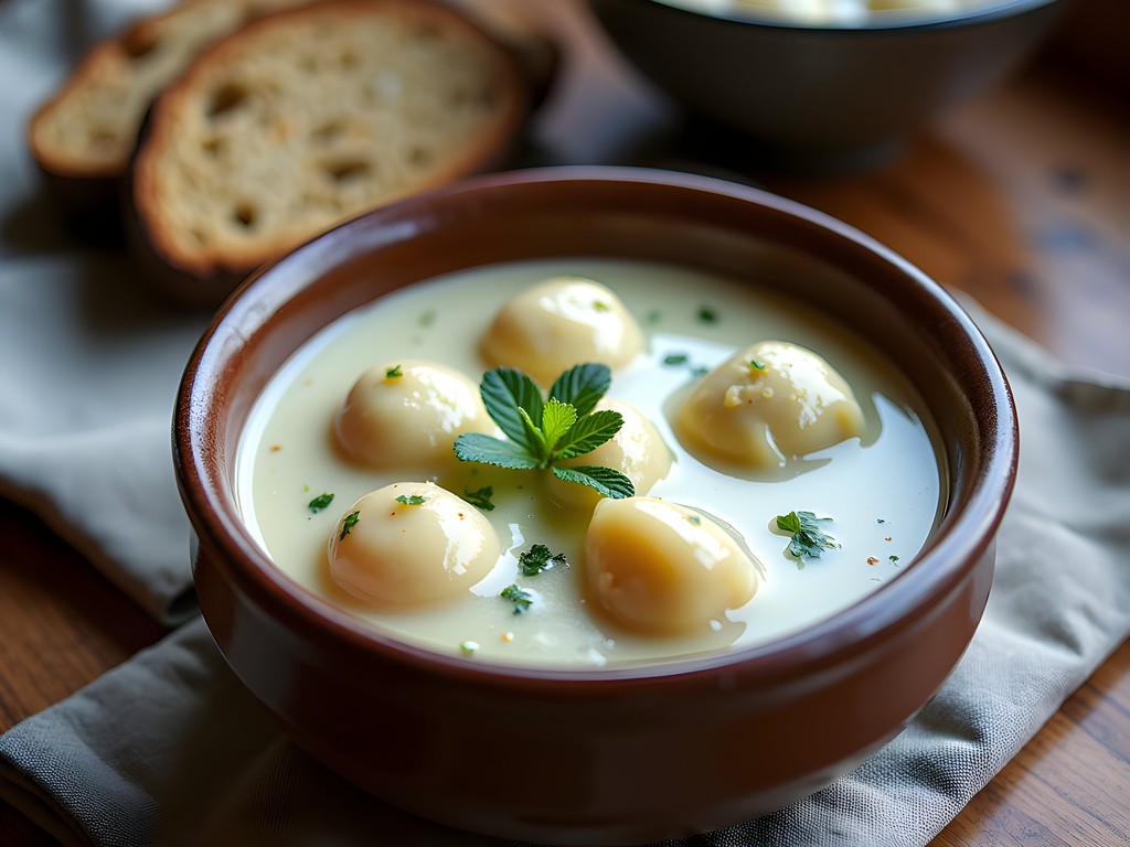 Traditional knoephla soup with fresh herbs and bread in rustic setting