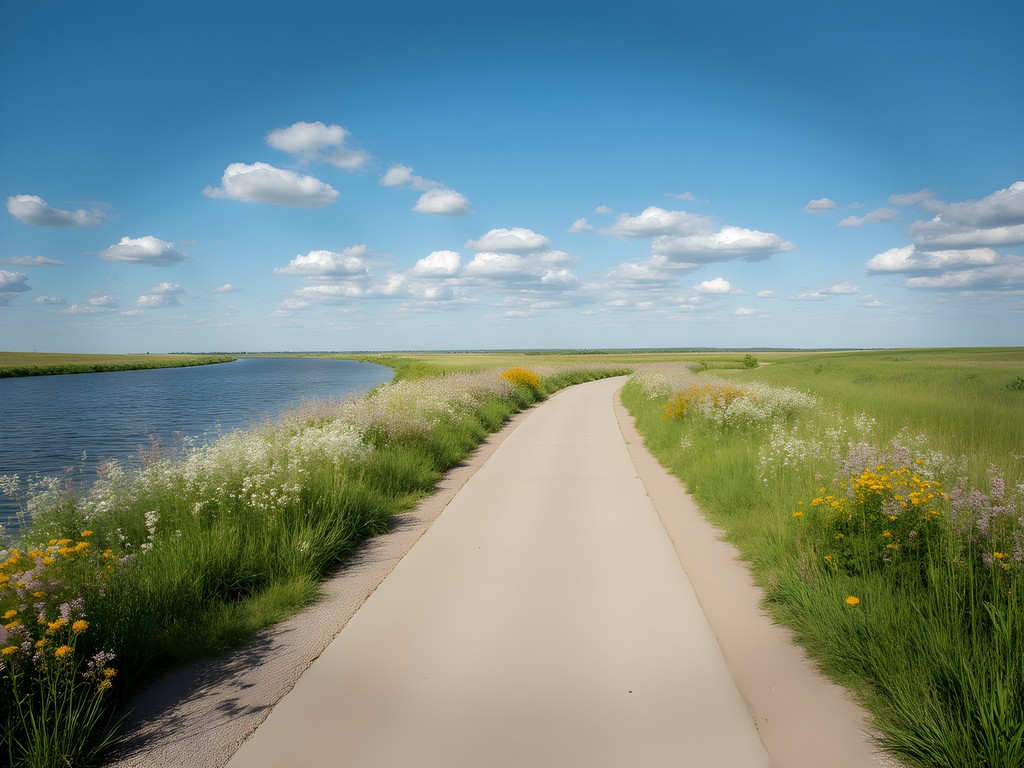 Scenic bike trail along the Missouri River in Bismarck with prairie wildflowers