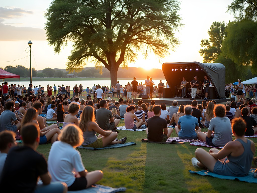 Outdoor summer concert at Urban Harvest in Bismarck with diverse crowd enjoying music at sunset