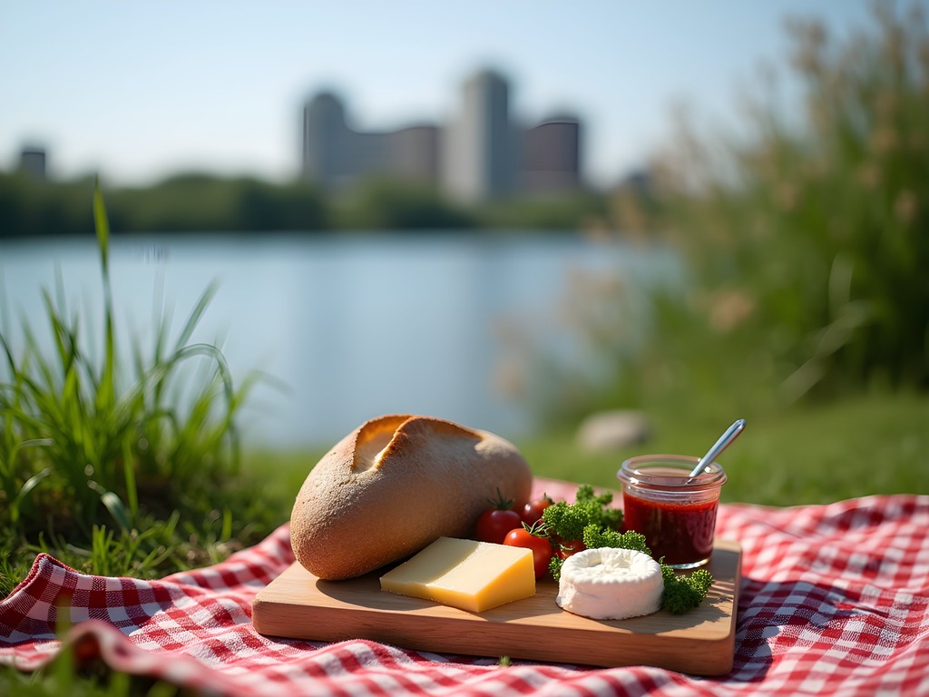 Budget picnic meal with local bread, cheese and produce by the Missouri River in Bismarck