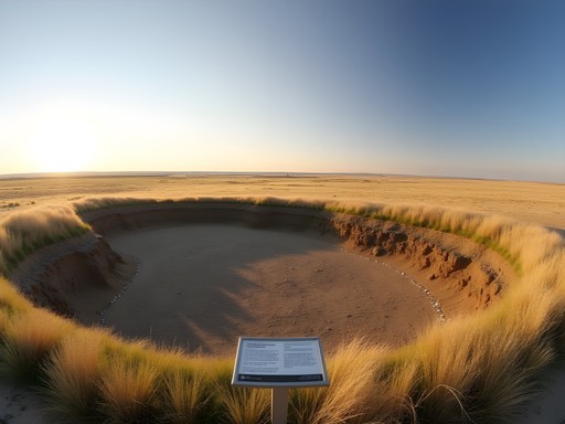Panoramic view of Double Ditch Indian Village archaeological site showing earth lodge depressions and defensive ditches