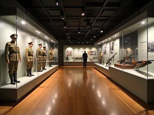 Military history exhibit at North Dakota Heritage Center featuring WWI and WWII artifacts
