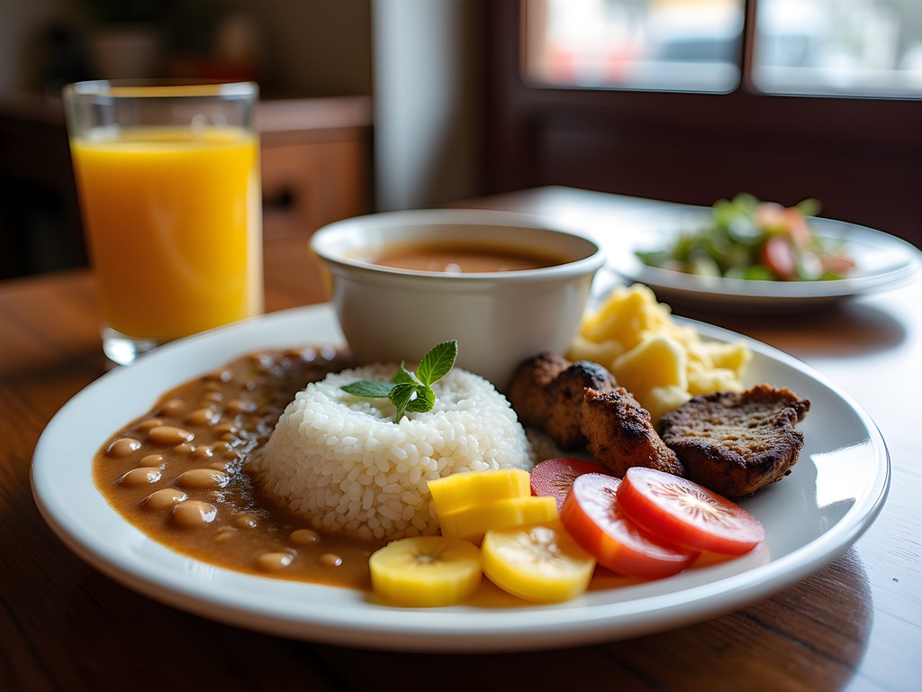 Traditional Colombian menu del dia with soup, rice, beans, plantains and juice in a local Bogotá restaurant