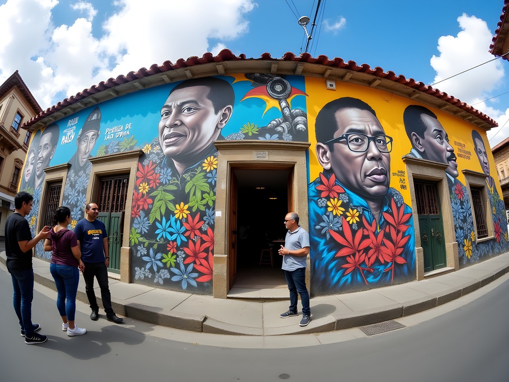 Colorful political street art mural in La Candelaria district of Bogotá with tour group