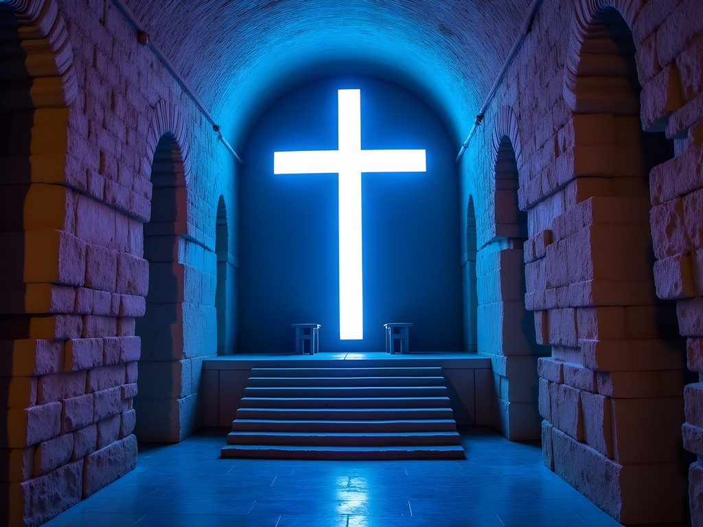 Underground illuminated cross in the Salt Cathedral of Zipaquirá near Bogotá