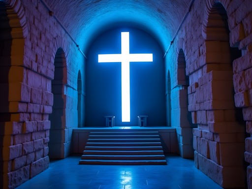 Underground illuminated cross in the Salt Cathedral of Zipaquirá near Bogotá