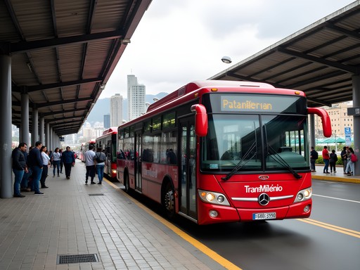 Bogotá's busy TransMilenio bus system with passengers boarding at a station