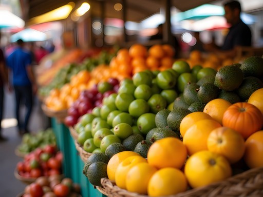 Colorful display of exotic Colombian fruits at Paloquemao Market in Bogota