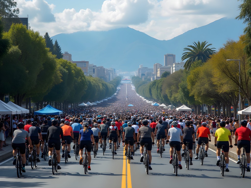 Cyclists enjoying Bogota's Sunday Ciclovía with Andes mountains in background