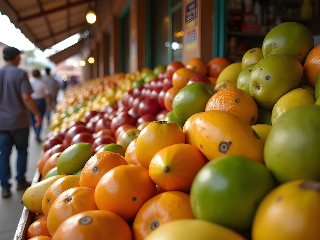 Colorful tropical fruit display at Paloquemao Market in Bogota