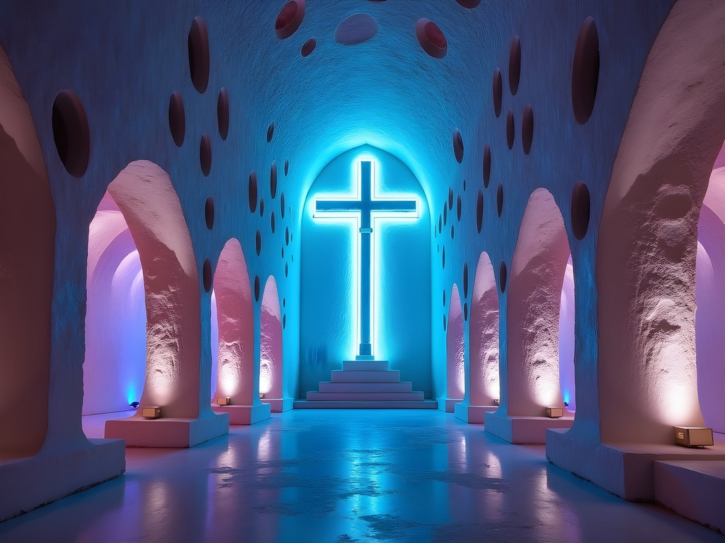 Illuminated cross in the Salt Cathedral of Zipaquirá underground church