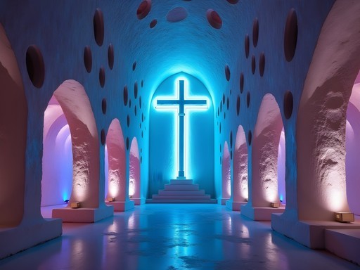 Illuminated cross in the Salt Cathedral of Zipaquirá underground church