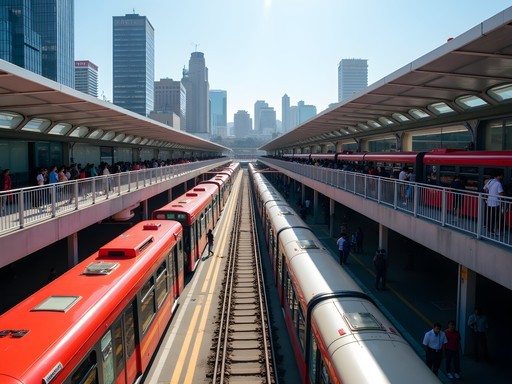 TransMilenio station in Bogota with red articulated buses and commuters