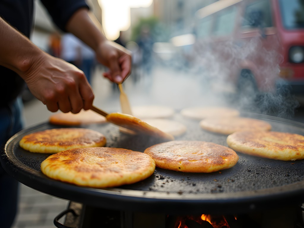 Local vendor preparing traditional Colombian arepas on street grill in Bogotá