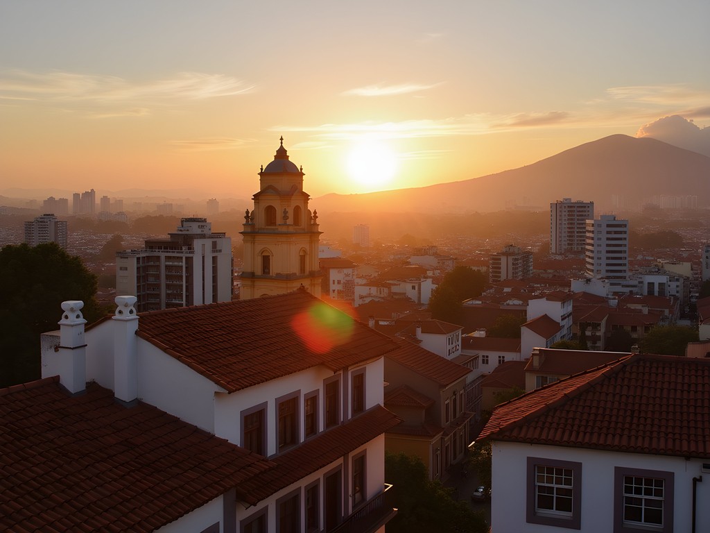 Panoramic sunset view of Bogotá from hostel rooftop with mountains in background