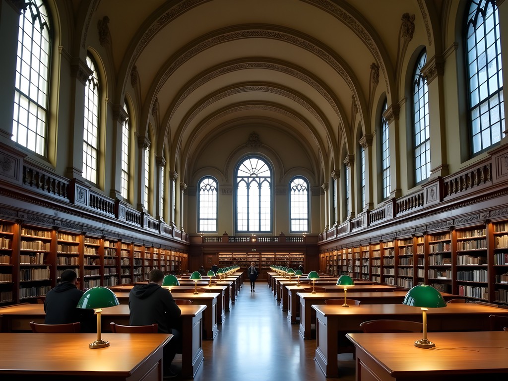 Ornate reading room at Boston Public Library with green reading lamps and vaulted ceiling