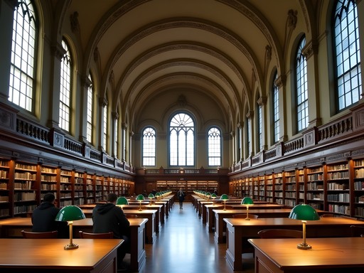 Ornate reading room at Boston Public Library with green reading lamps and vaulted ceiling