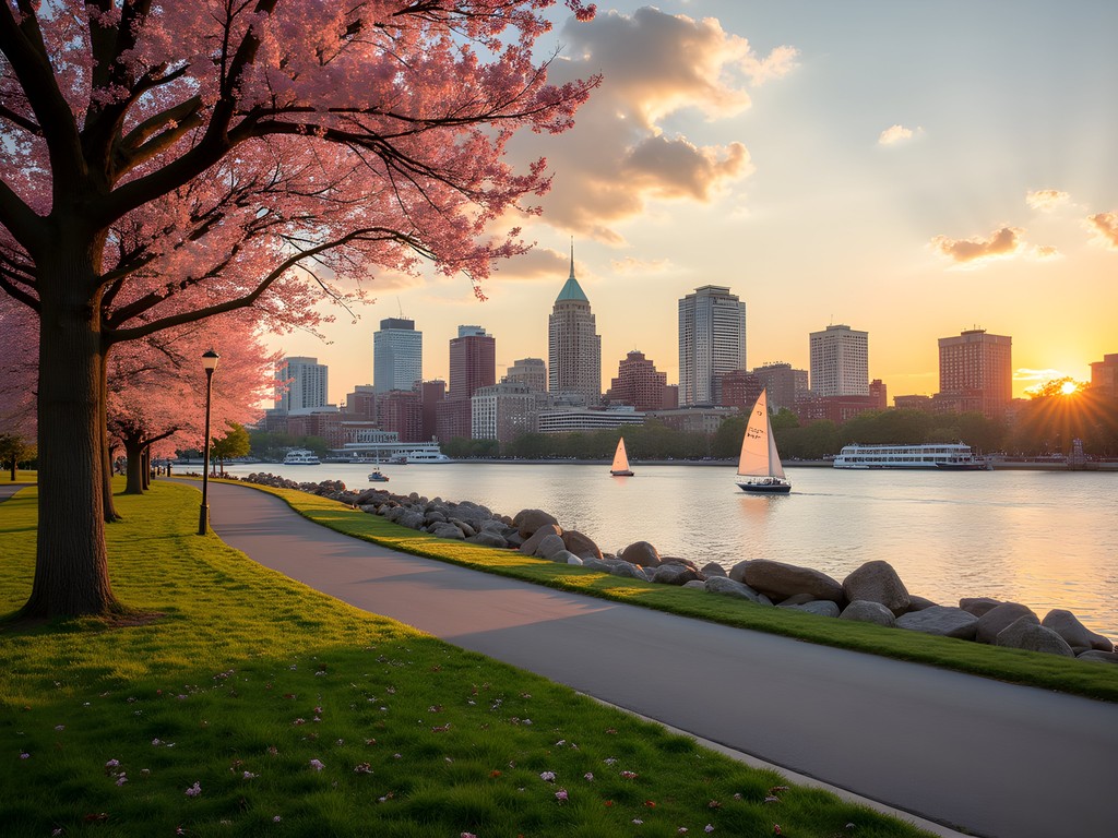 Boston skyline view from Charles River Esplanade with cherry blossoms in spring