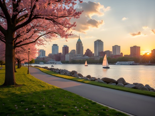 Boston skyline view from Charles River Esplanade with cherry blossoms in spring