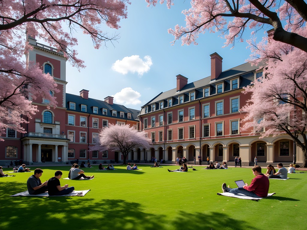Harvard Yard in spring with blooming trees and historic buildings
