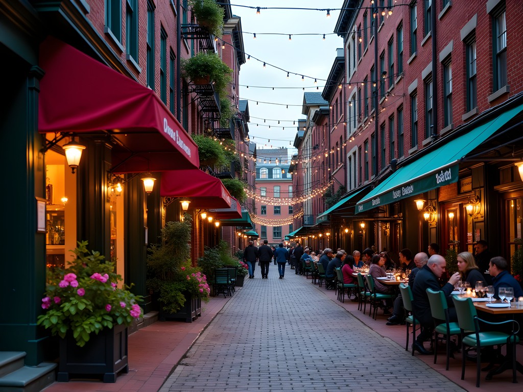 Narrow street in Boston's North End with Italian restaurants and bakeries