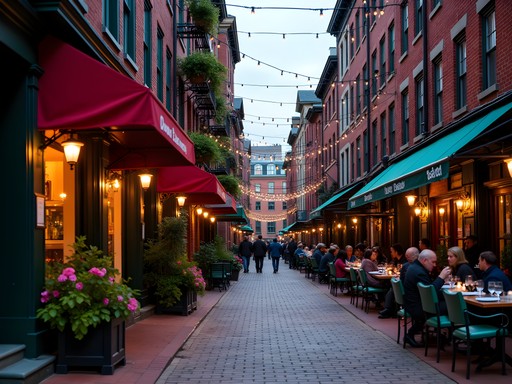 Narrow street in Boston's North End with Italian restaurants and bakeries