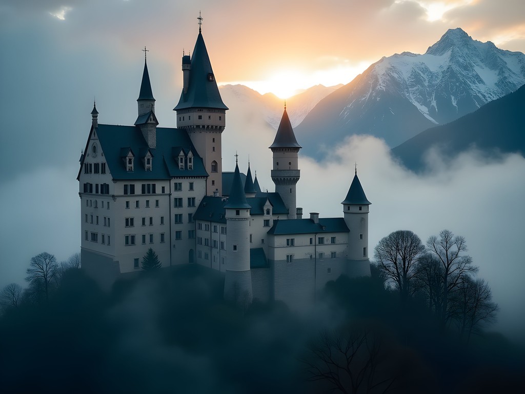 Bran Castle emerging from morning mist in Transylvania with mountains in background