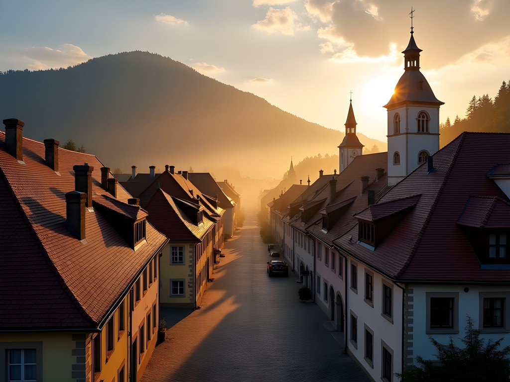 Golden sunrise over Brasov's medieval Old Town with Tampa Mountain in background