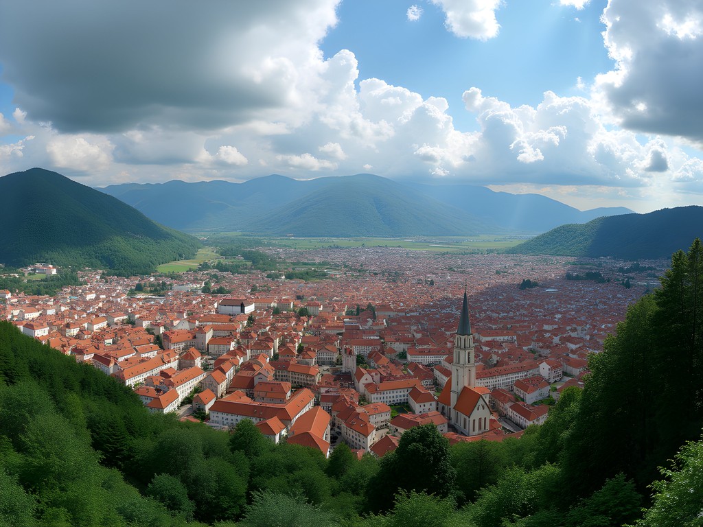 Panoramic view of Brasov from Tampa Mountain showing medieval layout and surrounding Carpathian Mountains