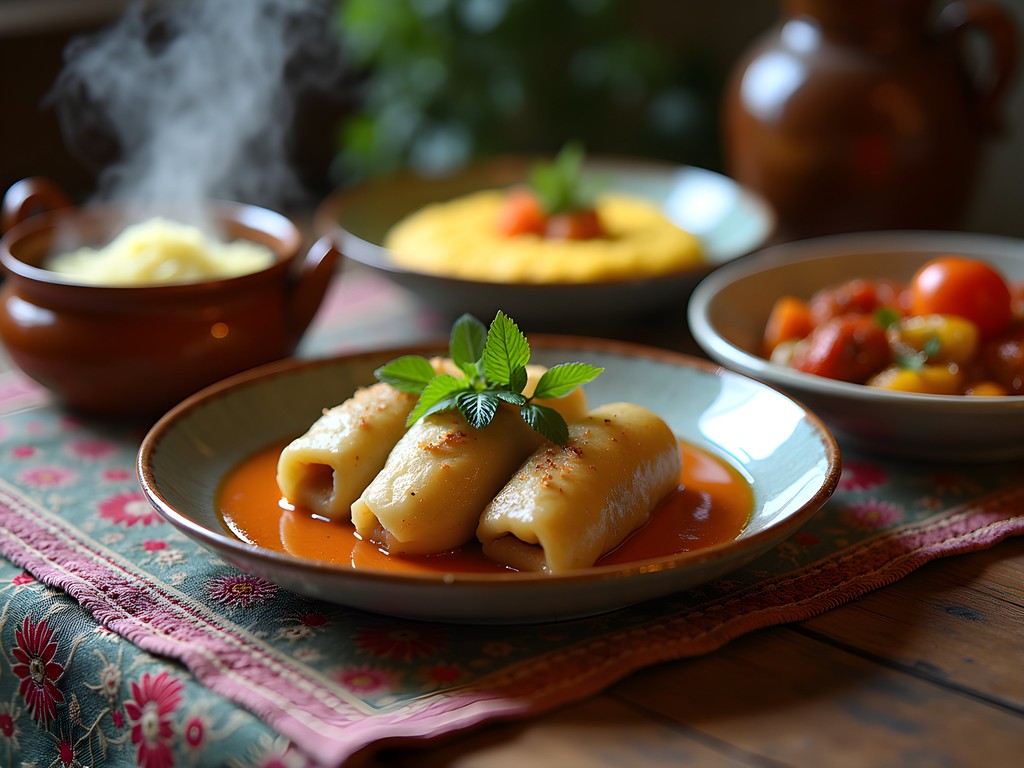 Traditional Romanian meal with sarmale, mamaliga, and local vegetables in rustic setting