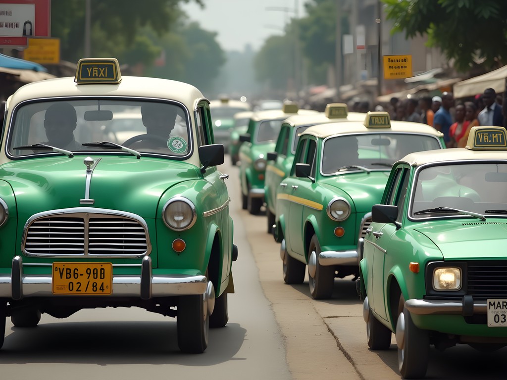 Local green and white taxis lined up in downtown Brazzaville