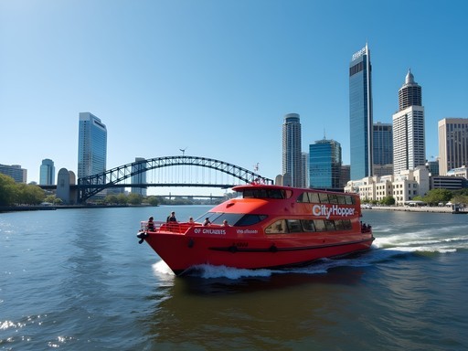 Free CityHopper ferry on Brisbane River with city skyline